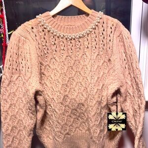 Sweater by Cliche. Size Lg. Tan pointelle & cable knit sweater